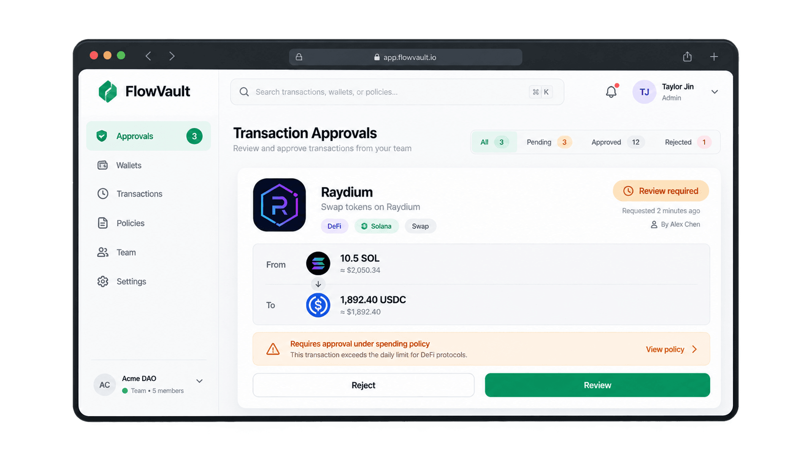 FlowVault Solana transaction approval app window